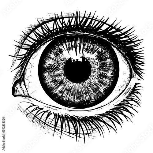 Close Up View of Human Eye with Very Clear Tropical Forest Reflection Black and White Outline Line Art Drawing