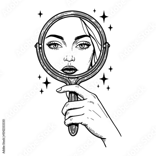 Black and White Outline Line Art Drawing of a Female Hand Holding a Round Mirror with Beautiful Woman Reflection and Stars