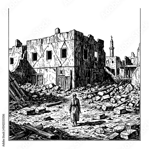 Destroyed Middle East City Ruins After War with Person Walking Through Rubble Black and White Outline Line Art Drawing