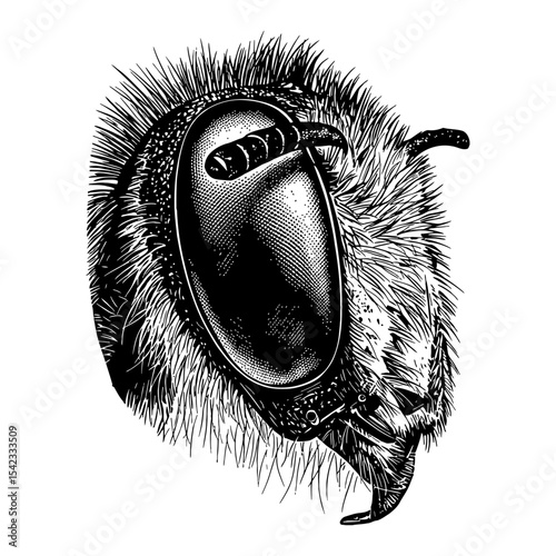 Highly Detailed Close Up Shot of Bee Head with Compound Eye Black and White Outline Line Art Drawing Engraving