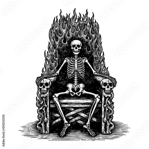 Skeleton Sitting on Empty Throne Made of Fire Black and White Outline Line Art Drawing Illustration