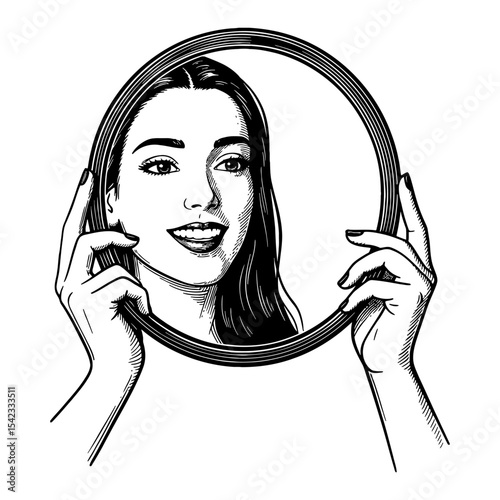 Smiling Female Face Reflection in Round Mirror Held by Hands Black and White Outline Line Art Drawing