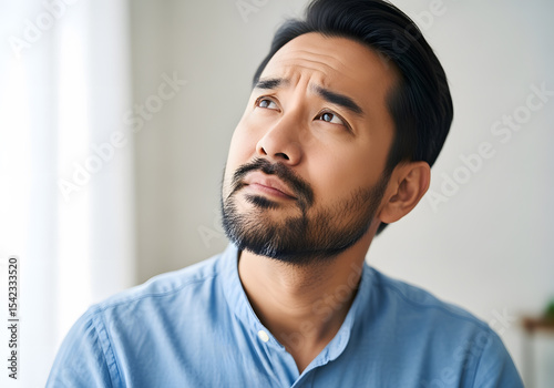 Contemplative Asian man in shirt thoughtful and hesitant making decision with doubts looking up left corner.