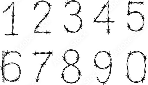 Barbed Wire Numbers Vector – Stylized 0–9 Digits for Grunge, Punk, and Protest Typography Design