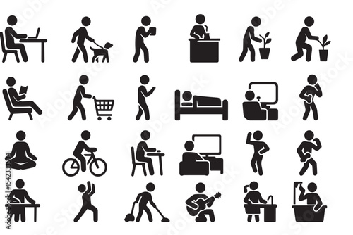 Daily Activity Icon Set – Human Silhouette Lifestyle Vector PNG