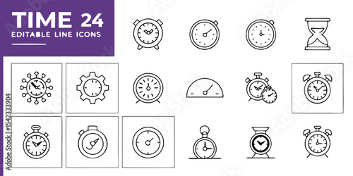 Twenty four editable line icons of various clocks, stopwatches and time related elements