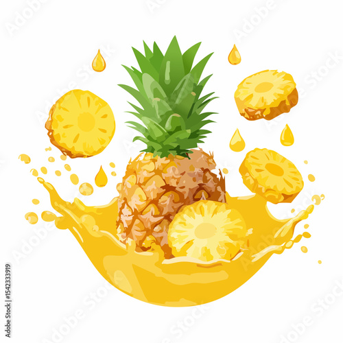 Ripe Pineapple Slices Splashing in Yellow Juice