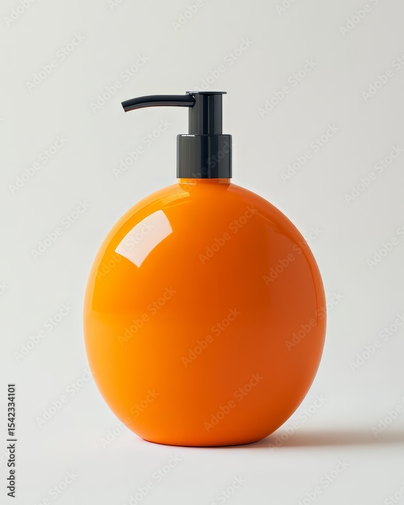 Obraz premium Orange soap dispenser with dark pump top – perfect for personal care packaging and hygiene product ads, fruit cosmetic and tropical soap 