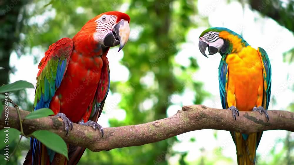 Two vibrant macaws perched on a branch in lush green foliage Two vibrant macaws perched on a branch in lush green foliage