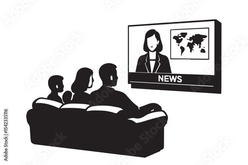 a family watching news on television with world map, depicting family bonding and media consumption, Family at Home icon set