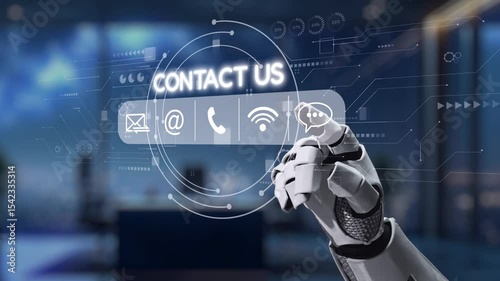 A robotic hand enhances communication in a contemporary office setting, reaching out for digital contact options. The video symbolizes technology and innovation in business interactions. Auvana