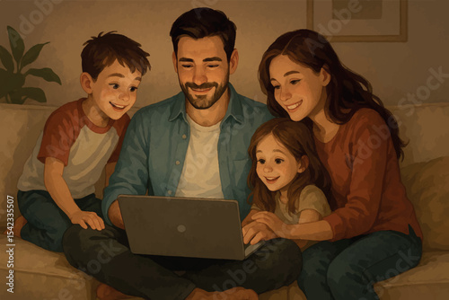 Happy family of four enjoying a cozy moment together, sitting on the couch and looking at a laptop, bonding over technology, Family at Home icon set