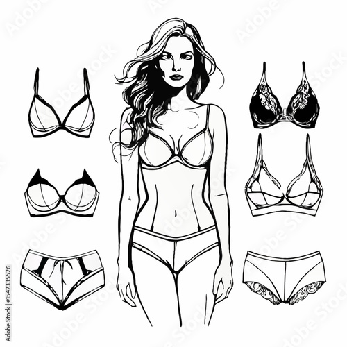 female model with lingerie fashion vector sketch illustration