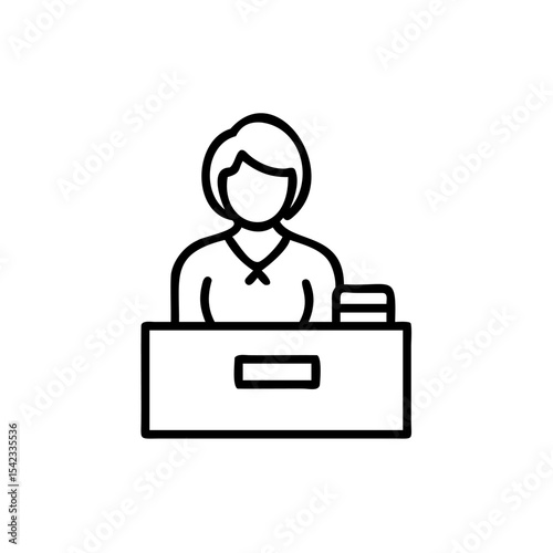 Line art illustration of a woman sitting at a desk with a short bob hairstyle and a simple top objects on the desk