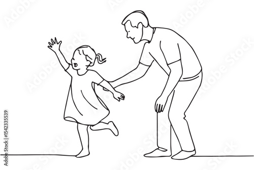 Line drawing of a joyful father and daughter sharing a fun moment, with the child happily running and reaching out, representing love and connection, Family at Home icon set