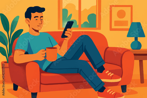 Chilled man lounging with a cup of coffee and smartphone, relaxing in a comfortable living room space, modern decor and vibrant colors, Family at Home icon set