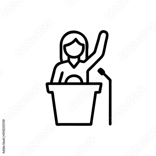 Woman with long hair raising hand at podium with microphone line art illustration