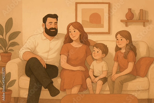 Happy family of four sitting on the couch, enjoying quality time together in a cozy living room, exuding warmth and love, Family at Home icon set