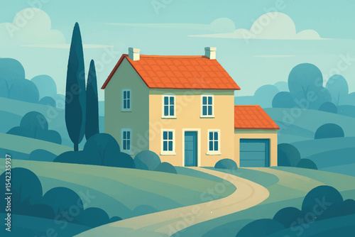 Charming house surrounded by a lush green landscape, with a curved path leading to the door, bathed in soft morning light, Family at Home icon set