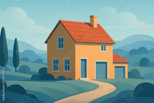 Serene countryside house with a winding path, green trees, and soft morning light highlighting the homes welcoming facade, Family at Home icon set