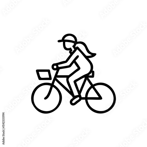 Woman with Long Hair Riding Bicycle Wearing Cap Line Art Illustration Handmade Indian Style