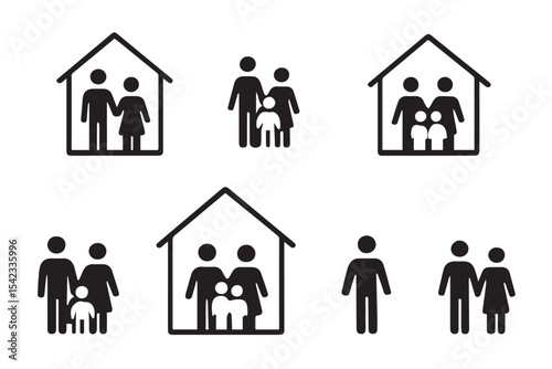 Various family and relationship pictograms, representing diverse family structures, home life, and connections, ideal for family related icons and illustrations, Family at Home icon set
