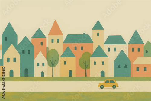 city design with geometric houses, trees, and a moving yellow car in vibrant pastel tones Family at Home icon set