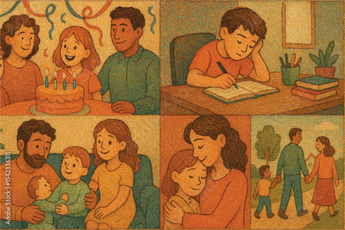 Cozy family time captured in moments of celebration, learning, and loving interactions, perfect for showcasing family bonds, Family at Home icon set