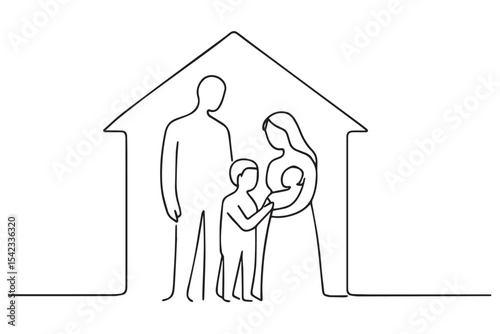 line drawing of a happy family with two children and a house outline, symbolic home and family love, family at home icon set