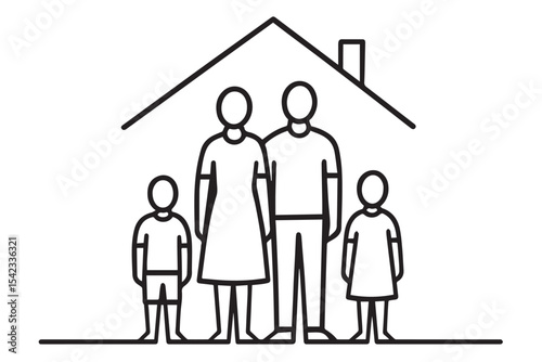 family silhouette with two children and parents standing together under a house roof, symbolizing love and unity, family at home icon set