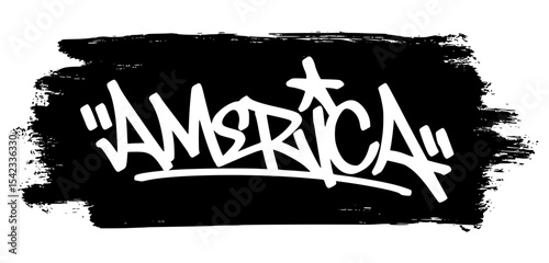 Minimalist graffiti tag “America” in white with intense black splatter. Great for 4th of July promotions, urban branding, and edgy patriotic visuals.