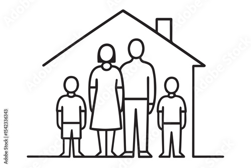 family line art showing a mother, father, and two kids with a house symbol, representing family bond and togetherness, family at home icon set
