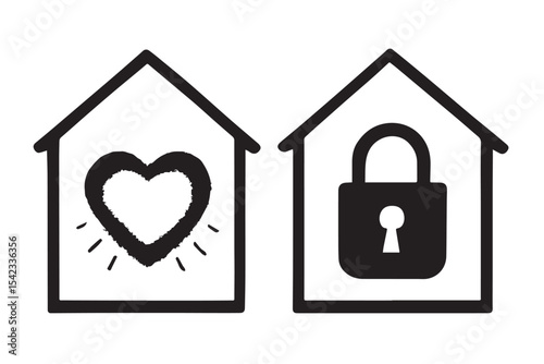 house icons with heart and lock symbols representing love and security, house and home protection concept, family values, emotive minimalist houses