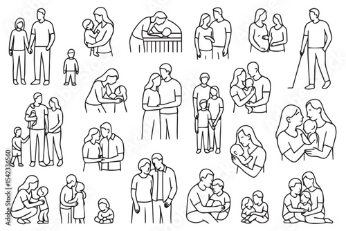 Set of family illustrations showing various stages of family life, including parenthood, sibling moments, and family unity, symbolizing family love