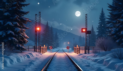 Illuminated Railroad Crossing in Snowy Night
