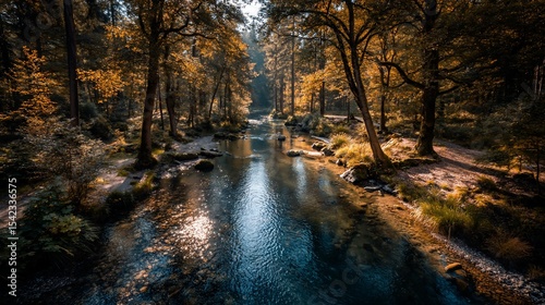 Autumn forest stream. Sunlight through trees