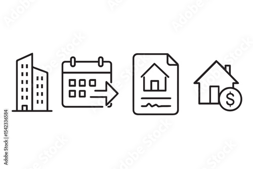 Real estate icons featuring buildings, contracts, calendars, and financial symbols, illustrating real estate deals, rentals, and investments