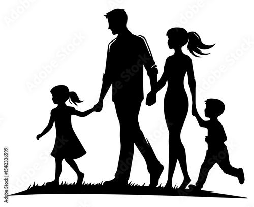 A black and white silhouette of a family holding hands. Dad mom son and daughter on a walk on a white isolated background. Vector graphics. EPS.