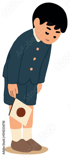 Sticker of a Japanese schoolboy in traditional uniform bowing respectfully and holding a Japanese flag