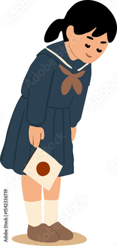 Japanese schoolgirl in traditional uniform bowing respectfully and holding a Japanese flag.