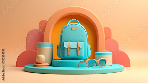 A teal backpack and sunglasses are displayed on a pastelcolored 3d render