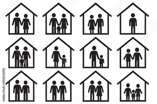 family grid icons depicting diverse family compositions inside home symbols, illustrating family bonds, parenting, and relationships