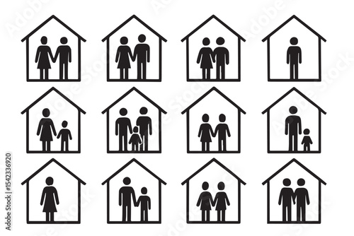 Abstract family icons with different family structures within house outlines, showcasing various family dynamics and relationships