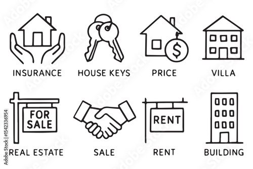 real estate and home icons, including insurance, house keys, for sale, mortgage, and property related concepts for marketing and web use Real Estate Icon Set
