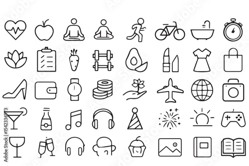 Comprehensive collection of minimalist lifestyle icons representing health, wellness, fitness, travel, and more, ideal for modern design projects Lifestyle icon collection