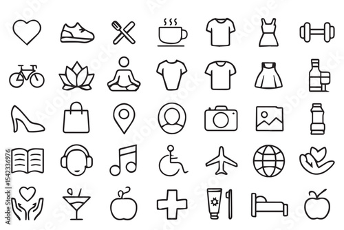 Versatile set of lifestyle vector icons, featuring wellness, fitness, shopping, and leisure activities Perfect for creative design applications Lifestyle icon collection