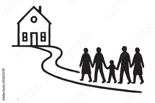 powerful illustration of a family walking towards their home, symbolizing unity, the journey of life, and the concept of home and family values