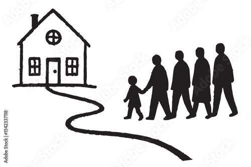a family walking towards a home, representing togetherness, journey, and aspiration, with a curving path leading to the house