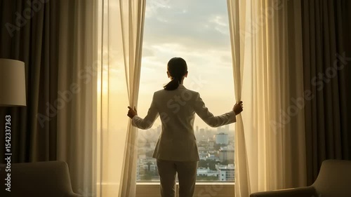 closeup, Woman opening curtains at sunrise over city skyline
