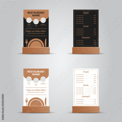Brown Restaurant Menu Mockup – Elegant Table Stand Card Design in Dark and Light Variations